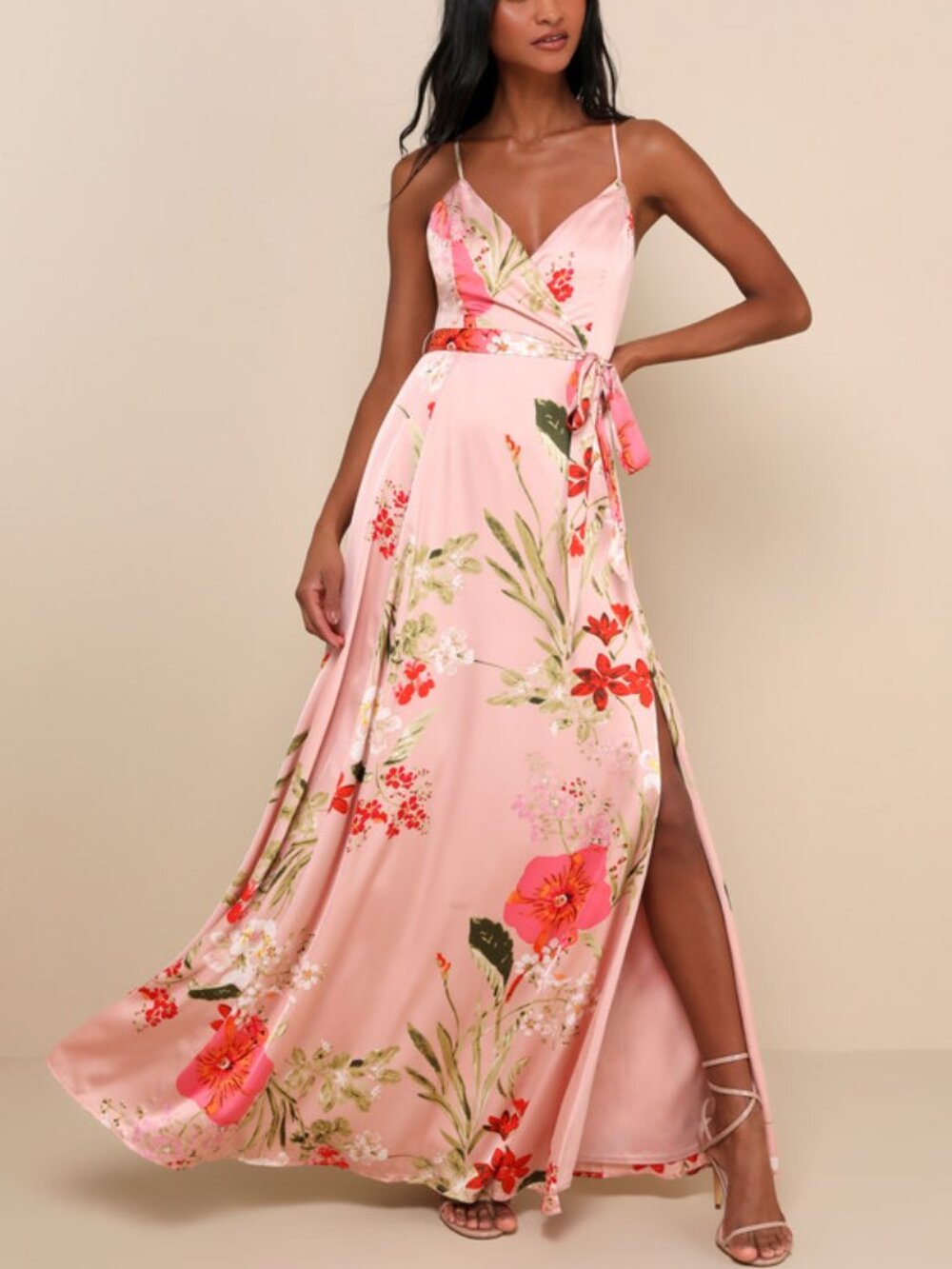 Lulus Still The One Blush Pink Floral Print Satin Maxi Dress - Size S